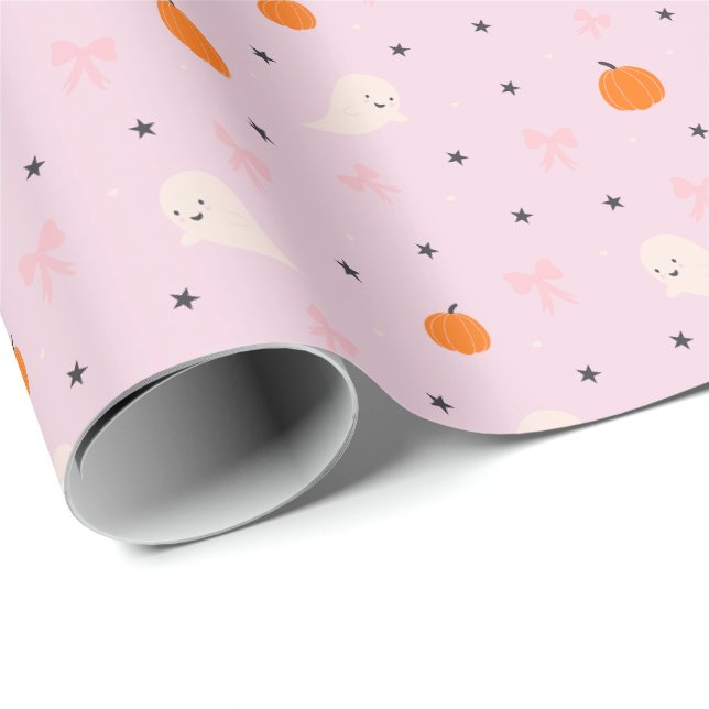 Cute Pink Halloween Ghost Pattern Wrapping Paper (Roll Corner)