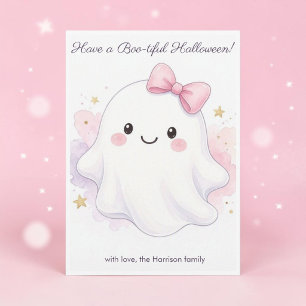 Cute Pink Halloween Ghost Whimsical Holiday Card