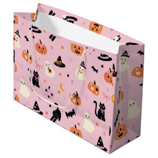 Cute Pink Halloween Ghosts Cats and Pumpkins Large Gift Bag