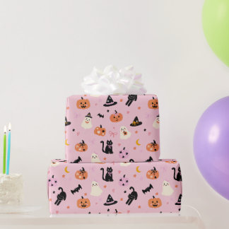 Cute Pink Halloween Ghosts Cats and Pumpkins Wrapping Paper