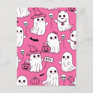 Cute Pink Halloween Ghosts Kawaii Spooky Party Holiday Postcard