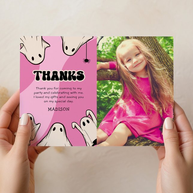 Cute Pink Halloween Photo Birthday Thank You Card (Creator Uploaded)