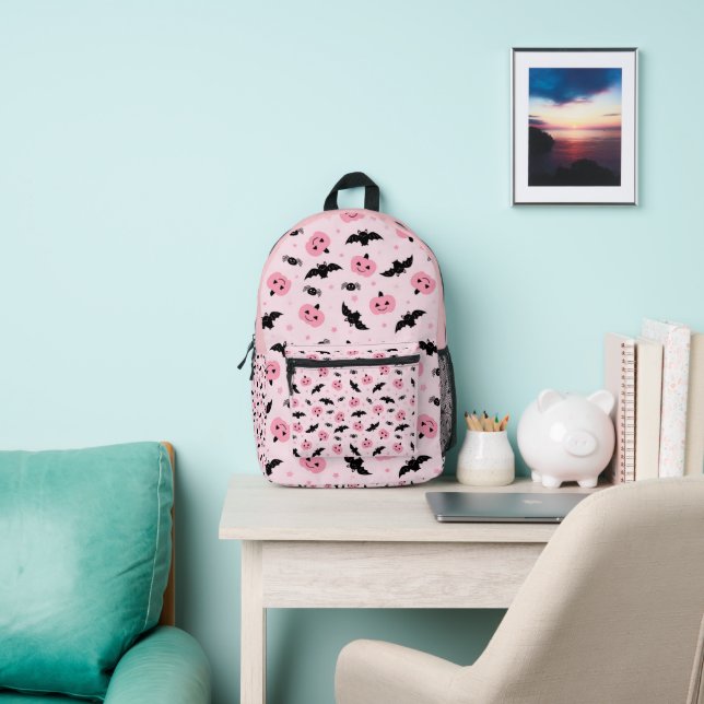 Cute Pink Halloween Pumpkins and Bat Pattern  Printed Backpack (Insitu)