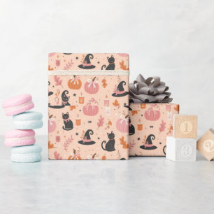 Cute Pink Halloween Wrapping Paper with Black Cats