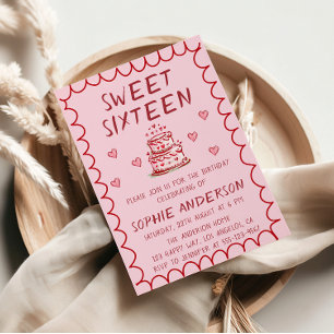 Cute Pink Hand Drawn Cake & Hearts 16th Birthday Invitation