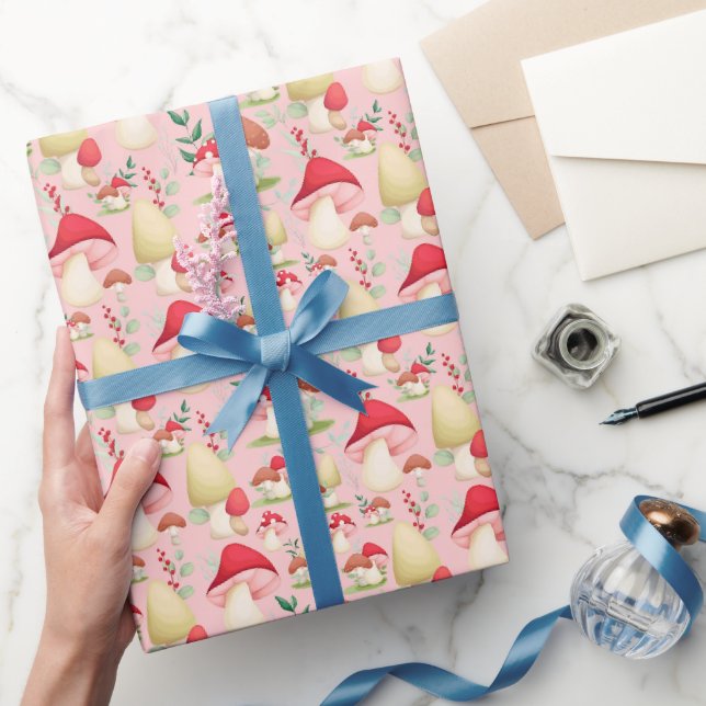 Cute Pink Hand Painted Mushroom  Wrapping Paper (Gifting)