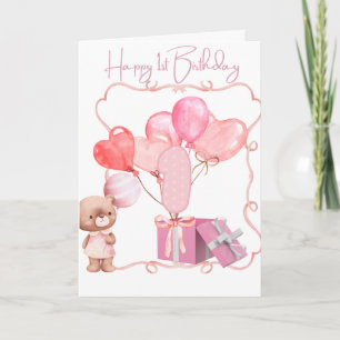 Cute Pink Happy 1st Birthday Card