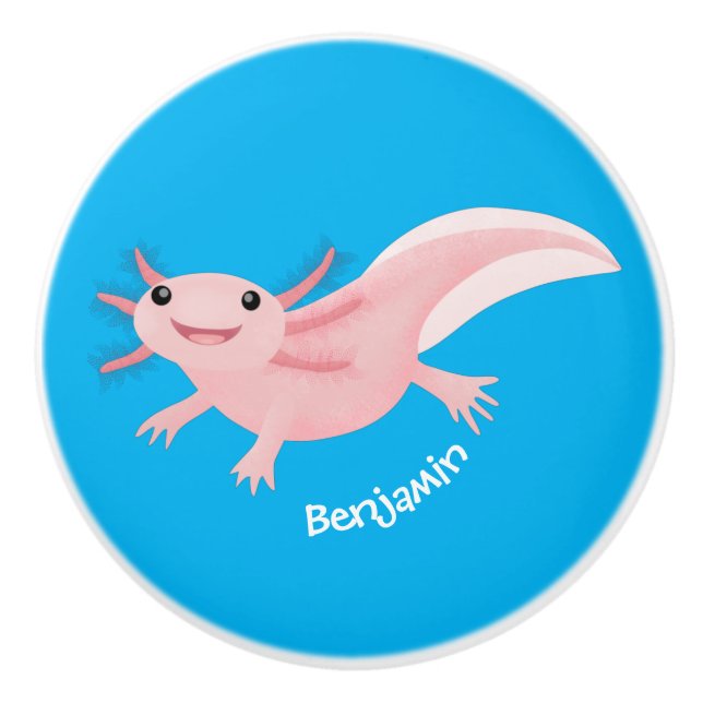 Cute pink happy axolotl ceramic knob (Front)