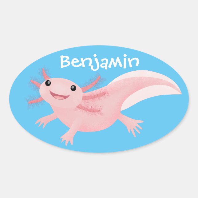 Cute pink happy axolotl oval sticker (Front)