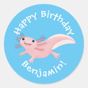 Cute pink happy axolotl personalised birthday classic round sticker