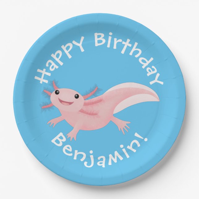 Cute pink happy axolotl personalised birthday paper plate (Front)