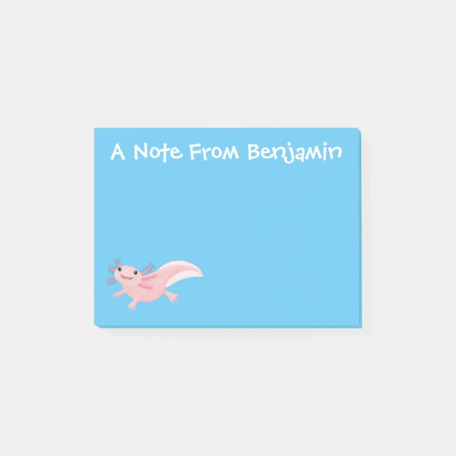 Cute pink happy axolotl post-it notes (Front)