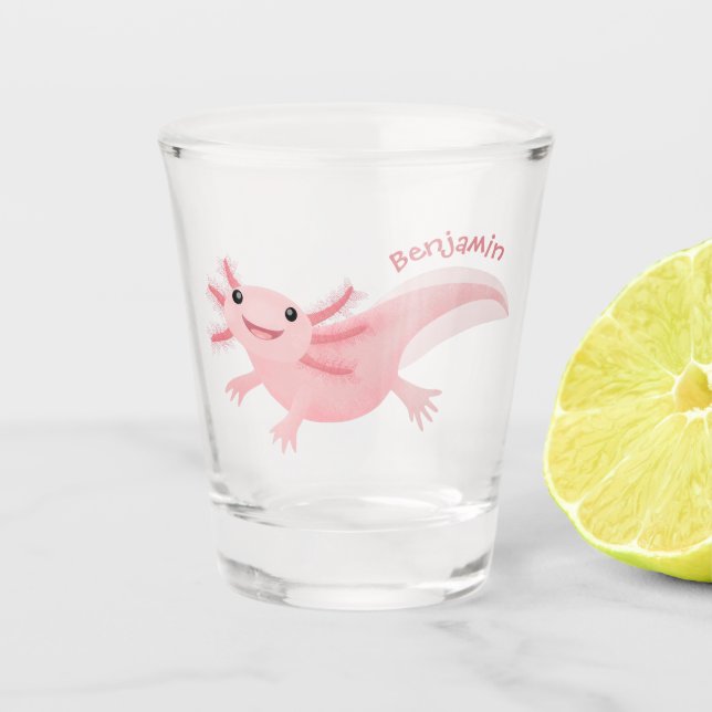 Cute pink happy axolotl  shot glass (Front)