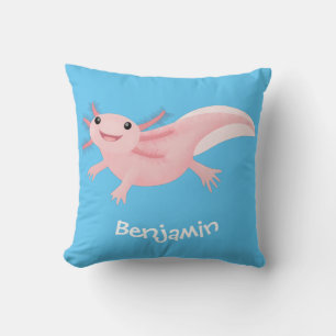 Cute pink happy axolotl throw pillow