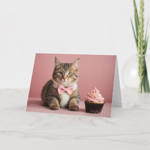 Cute Pink Happy Birthday Cat Cupcake Card