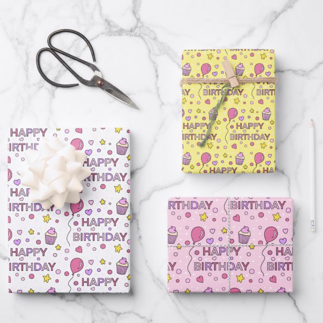 Cute Pink Happy Birthday Cupcakes, Stars and Heart Wrapping Paper Sheet (Front)