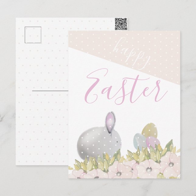 Cute Pink Happy Bunny Watercolor Holiday Postcard (Front/Back)