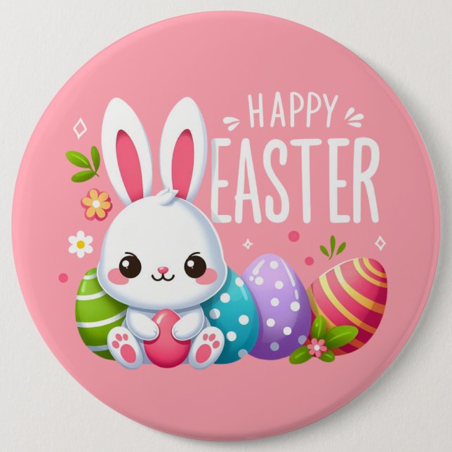 Cute, pink happy Easter bunny 6 Inch Round Button (Front)