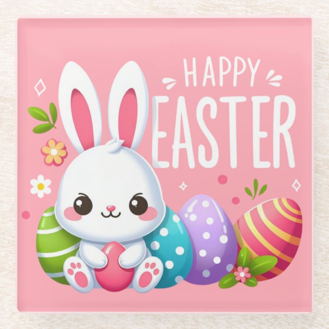Cute, pink Happy Easter bunny  Glass Coaster (Front)