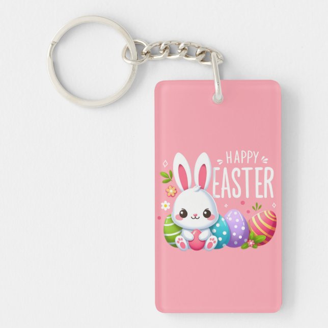 Cute, pink Happy Easter bunny  Keychain (Front)