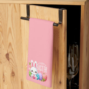 Cute, pink happy Easter bunny Kitchen Towel
