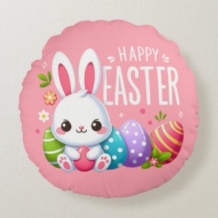 Cute, pink Happy Easter bunny Mug Round Pillow