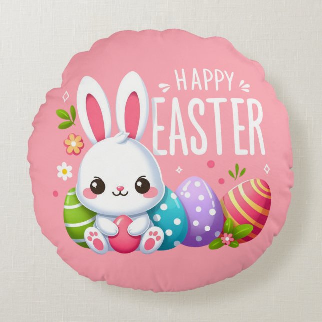 Cute, pink Happy Easter bunny  Round Pillow (Front)