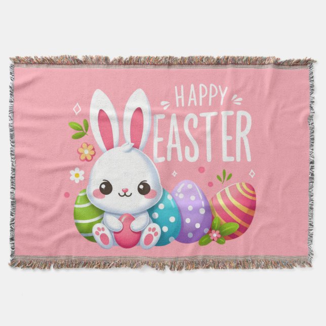 Cute, pink Happy Easter bunny Throw Blanket (Front)