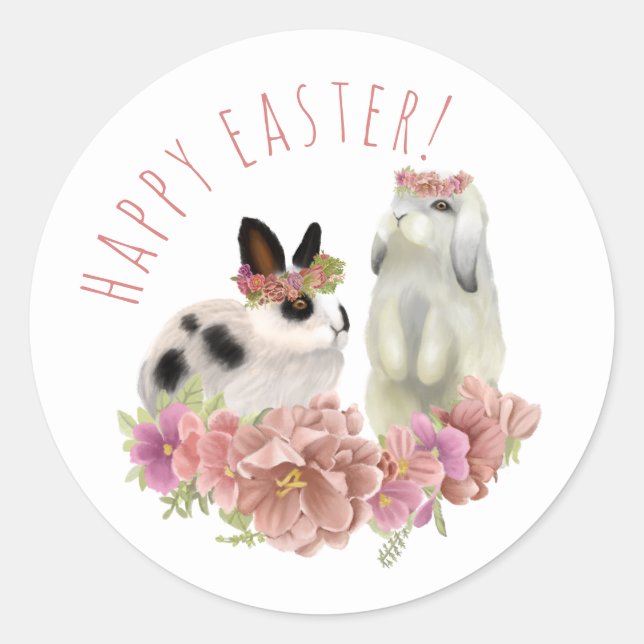 Cute Pink Happy Easter Spring Bunny Rabbits  Classic Round Sticker (Front)