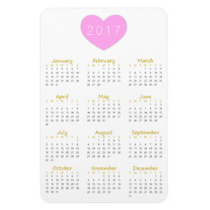 Cute Pink Heart 2017 Calendar Magnet - Gold & Grey