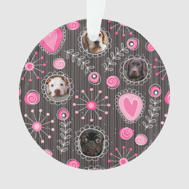 Cute Pink Heart and Flower Dog Mom Photo Collage  Ornament (Front)