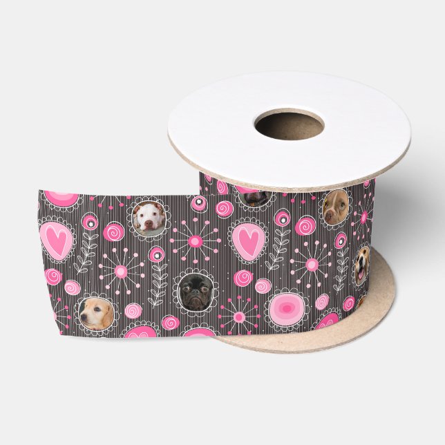 Cute Pink Heart and Flower Dog Mom Photo Collage  Satin Ribbon (Spool)
