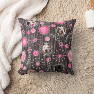 Cute Pink Heart and Flower Dog Mom Photo Collage Throw Pillow