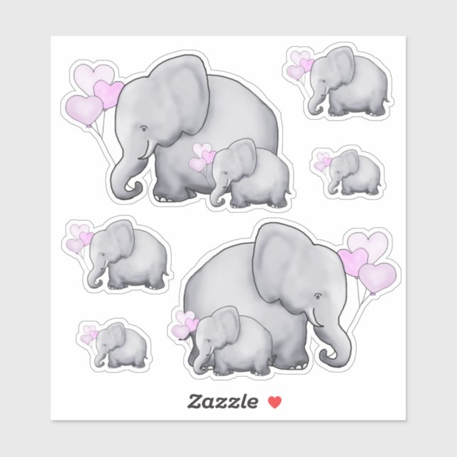 Cute Pink Heart Balloons Baby Elephants (Sheet)