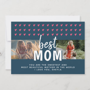 Cute Pink Heart Best Mom 2 Photos Mother`s Day Holiday Card