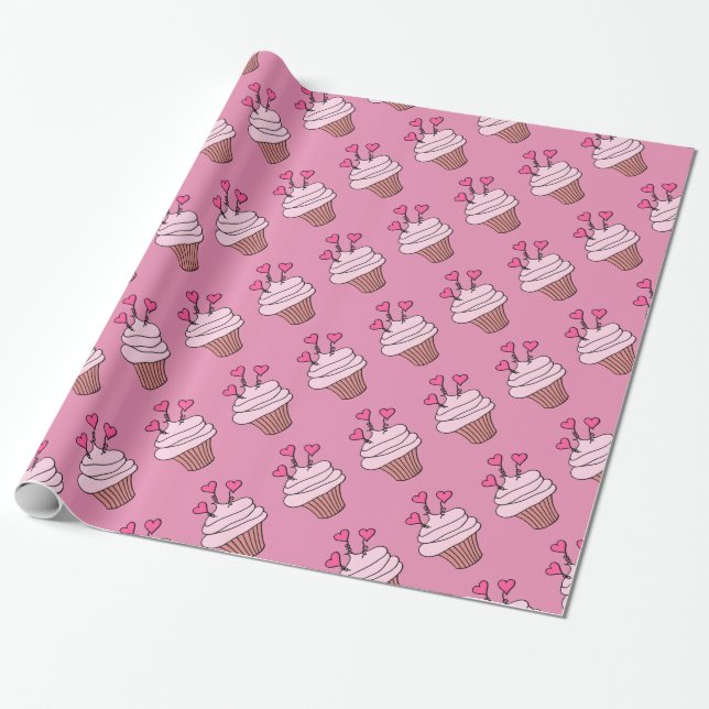 Cute Pink Heart Cupcakes Wrapping Paper (Unrolled)