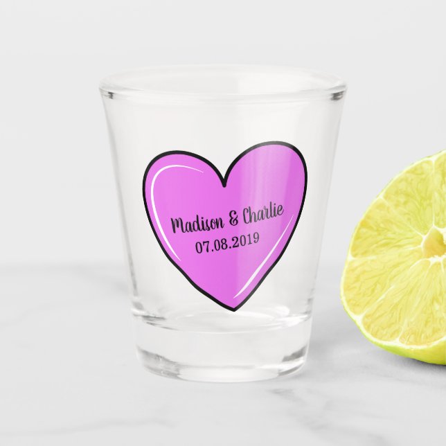 Cute Pink Heart custom names & date shot glass (Front)