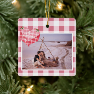 Cute Pink Heart Gingham Custom Photo Christmas Ceramic Ornament