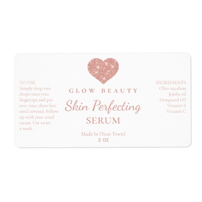 Cute Pink Heart Glitter Logo Serum Labels (Front)