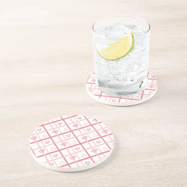Cute Pink Heart Grid Pattern Coaster (Side)