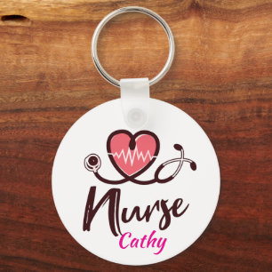 Cute Pink Heart lifeline Nurse Personalize Keychain