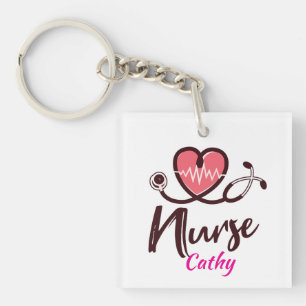 Cute Pink Heart lifeline Nurse Personalize Keychain