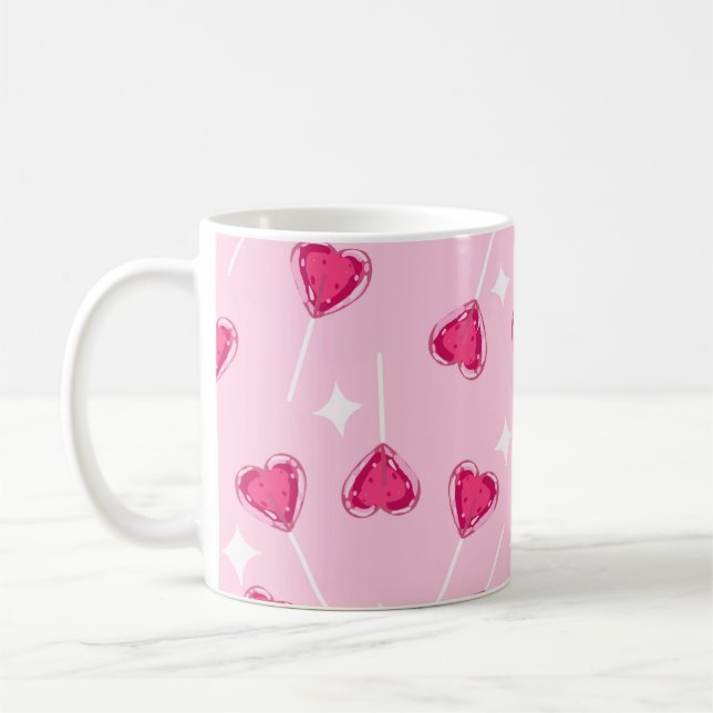 Cute Pink Heart Lollipop Seamless Pattern Coffee Mug (Left)