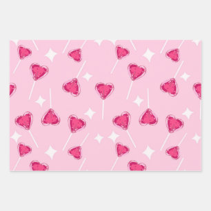 Cute Pink Heart Lollipop Seamless Pattern Wrapping Paper Sheet