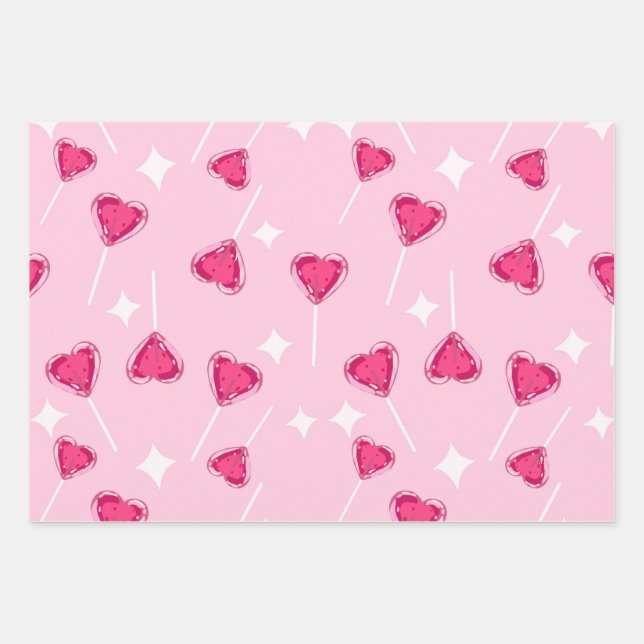Cute Pink Heart Lollipop Seamless Pattern Wrapping Paper Sheet (Front)