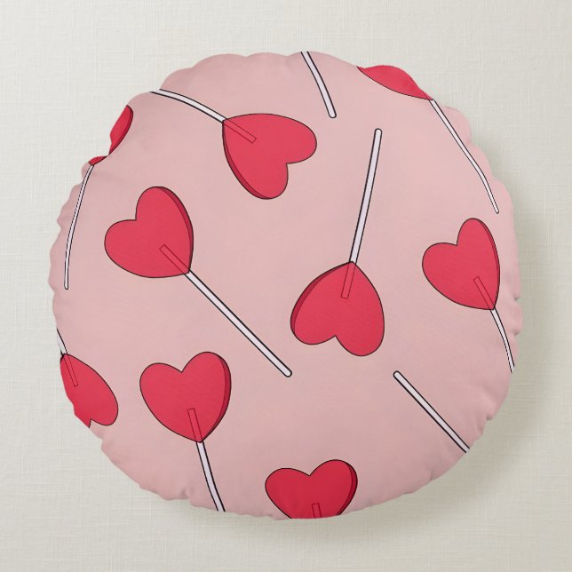 Cute Pink Heart Lollipops Seamless Pattern Round Pillow (Front)