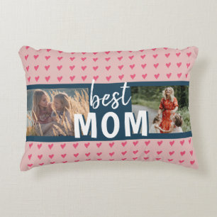 Cute Pink Heart Pattern Best Mom 2 Photo Accent Pillow