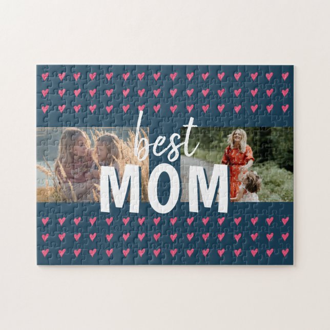 Cute Pink Heart Pattern Best Mom 2 Photo Jigsaw Puzzle (Horizontal)