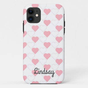 Cute Pink Heart Pattern White Customizable Name iPhone 11 Case