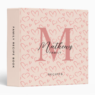 Cute Pink Heart Script Monogram Kitchen Recipe Binder